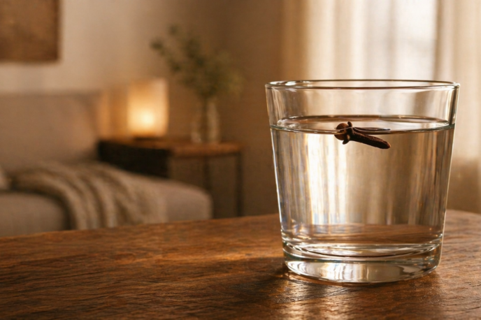 Vaso con agua y clavo de olor como ritual casero asociado a energías negativas en casa