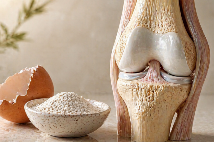 Cáscara de huevo molida junto a una representación de rodilla para ilustrar el debate sobre remedios caseros para articulaciones